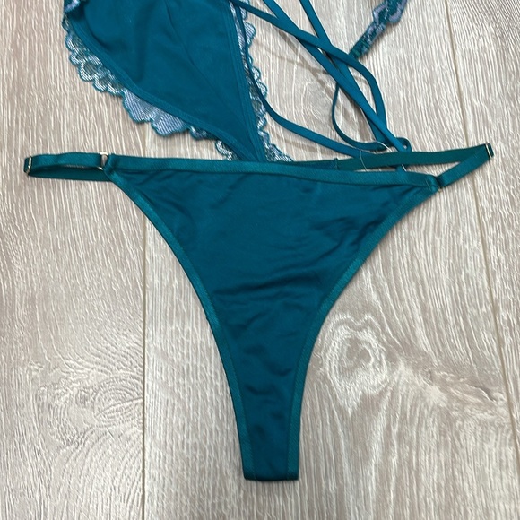 NWT Auden Halter Teal Satin Lace Strappy Back Babydoll Nightie and Thong Panty S - Picture 11 of 15